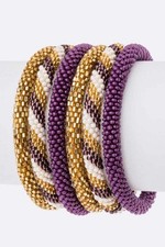 Nepalese Purple Gold White Roll On Beaded Bracelet Set