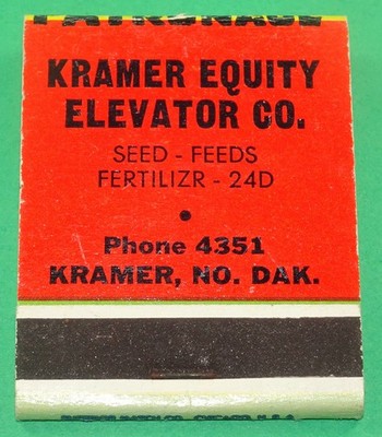 Kramer Equity Elevator KRAMER, ND. Front-Strike Matchbook Full - Superior Match