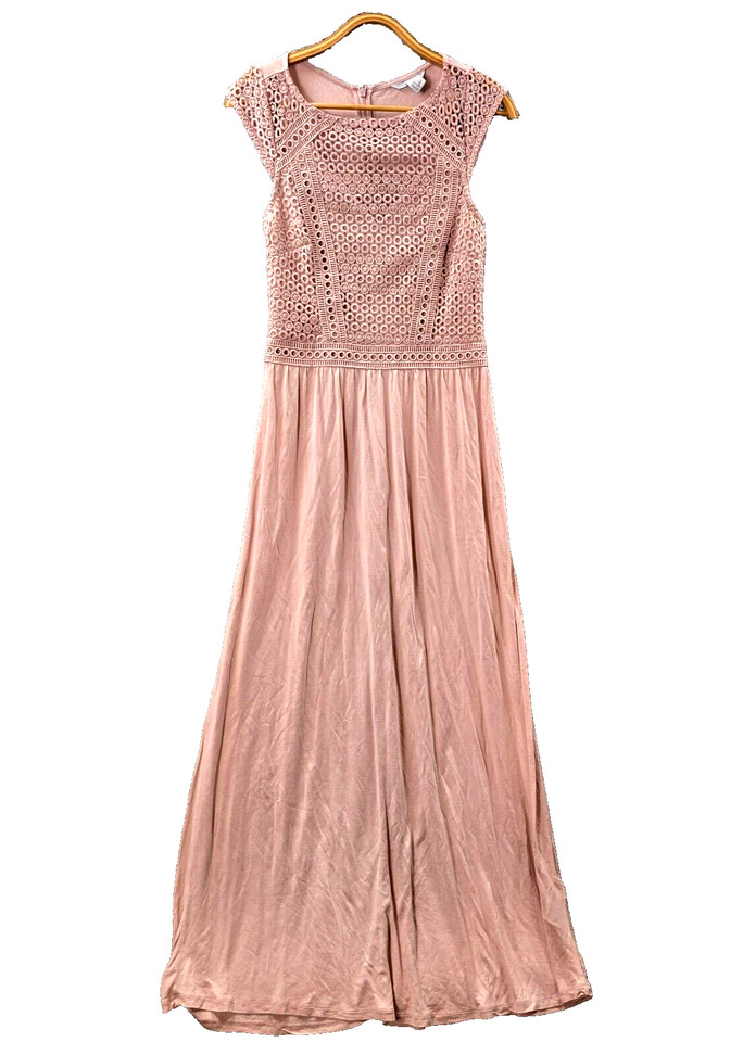 H&M Dress Womens Maxi A-line Size S Pink Stretch Knit Lace Bodice Short Sleeve