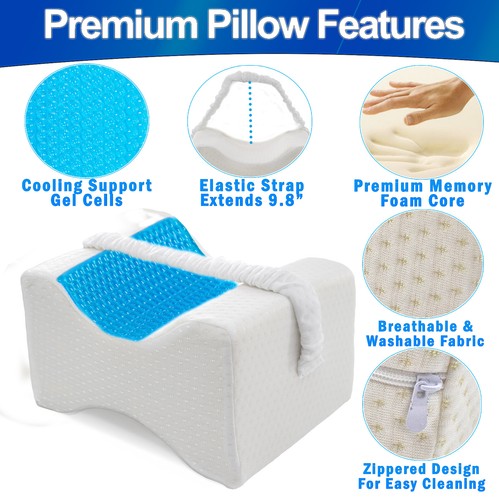 Knee Pillow w/ Cooling Gel + Memory Foam, & Adjustable Elastic Strap Washable - Picture 2 of 8