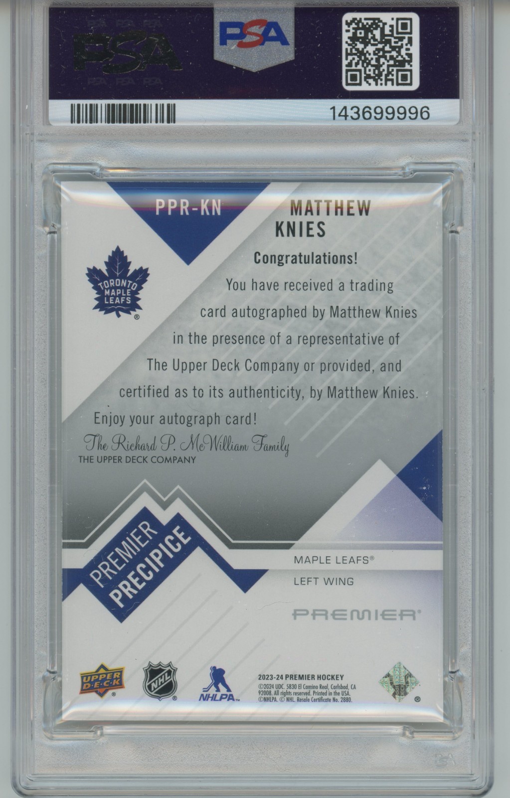 2024-25 UD Premier Knies Precipice Rookie Auto PSA 9 POP 2 TOP GRADE Maple Leafs view 2