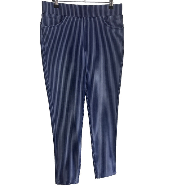 Women Pants Trousers Size 32 Blue Striped Mid Rise Straight Leg Pull On Trousers