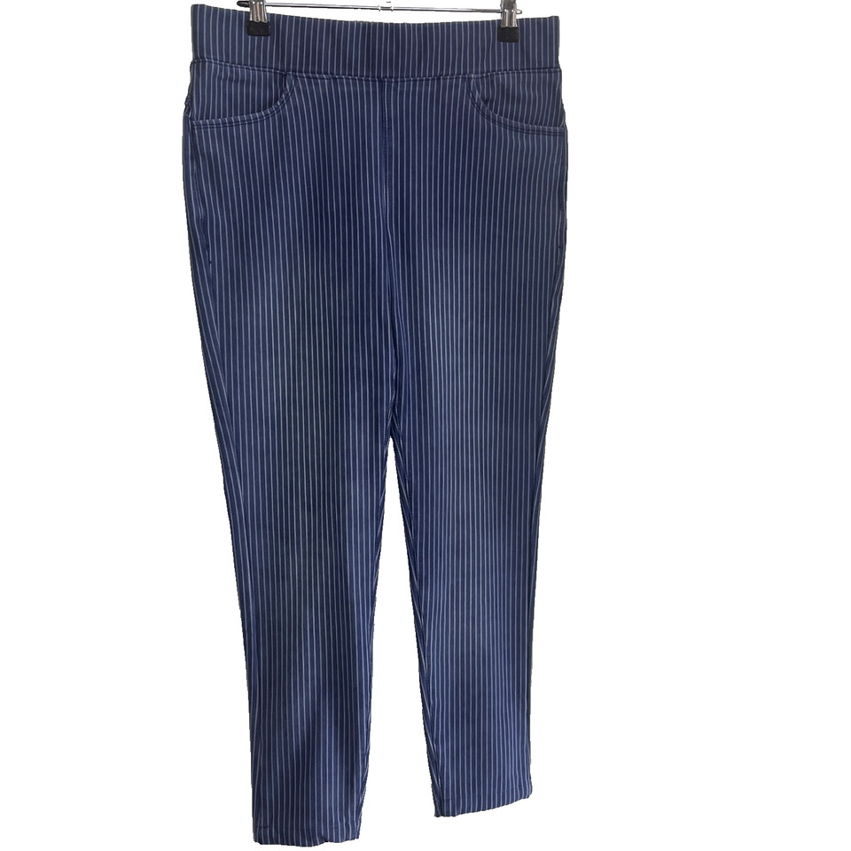 Women Pants Trousers Size 32 Blue Striped Mid Rise Straight Leg Pull On Trousers