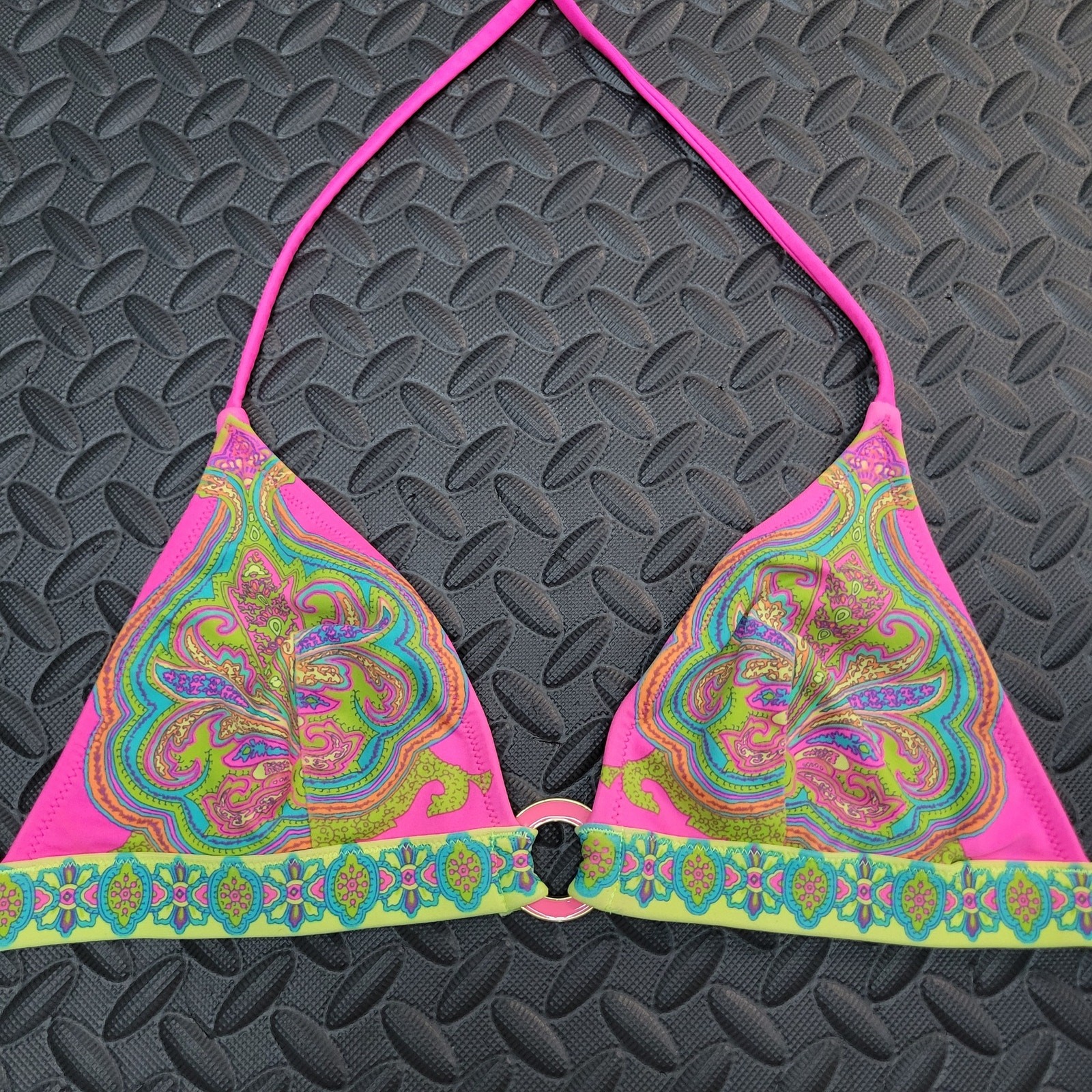 Vintage Victoria's Secret Paisley Halter Bikini Top Small Pink Neon Y2K Swimwear