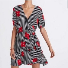 Madewell Size 2 Bianca Ruffle Wrap Dress Red Floral On Black Stripe
