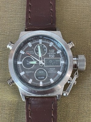 KSD Digital and Analog Stainless Steel Watch Brown Leather Strap. Running.