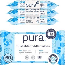 Pura Flushable Toddler Wipes 3 x 60 Wipes 180 Wipes , 100 