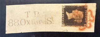GB QV 1840 1d PENNY BLACK ALMOST 4 MARGINS RED MX LETTERED TC 88 OXFORD ST. T.P