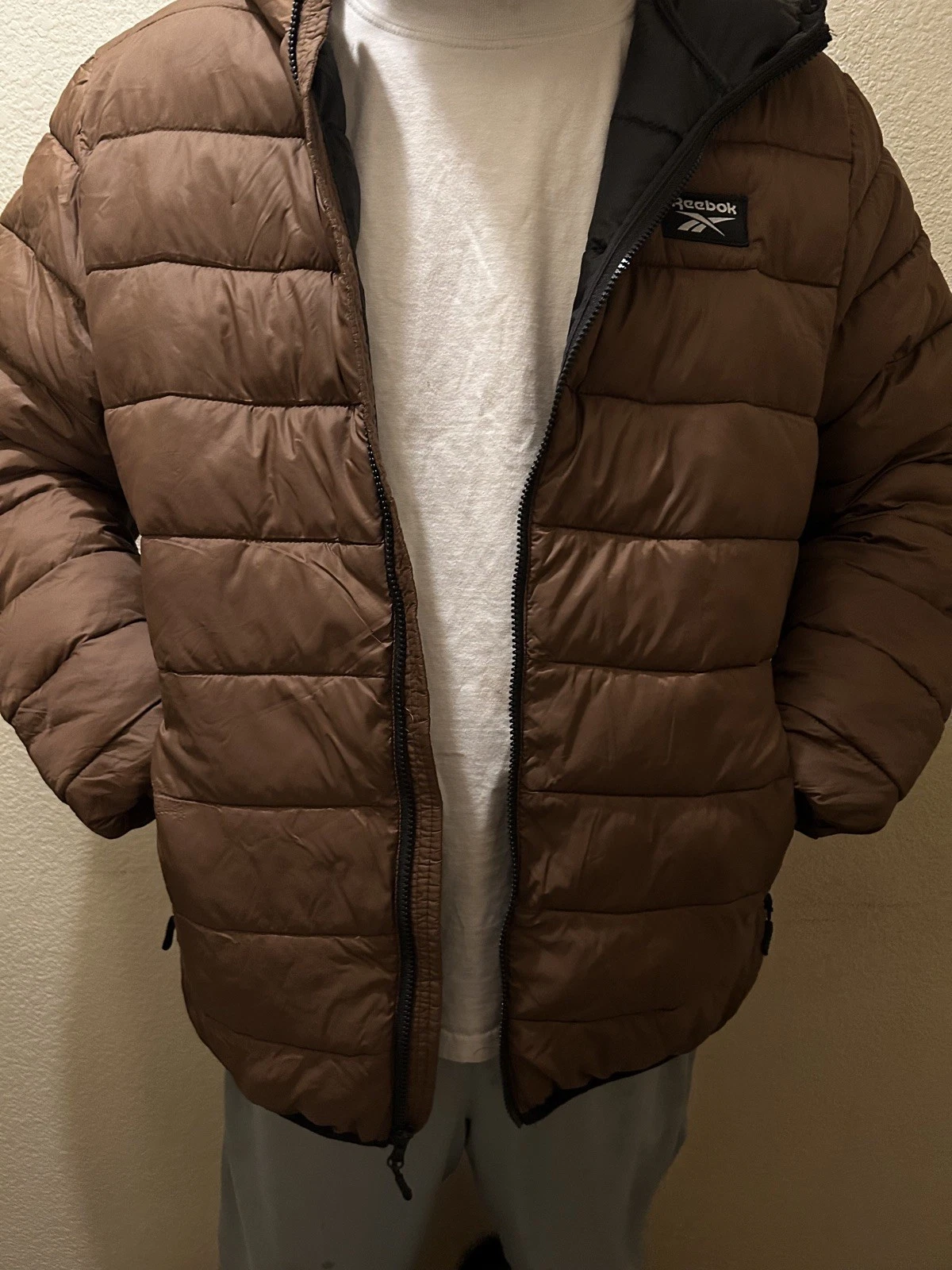 Reebok Mens Chocolate Brown Puffer Jacket With Hood XL