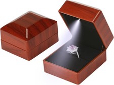 Wooden Wedding Ring Earring Gift Box with LED Light, Small Velvet Lining Jewelry