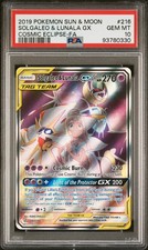 2019 POKEMON SUN & MOON COSMIC ECLIPSE #216 FULL ART/SOLGALEO & LUNALA GX PSA 10
