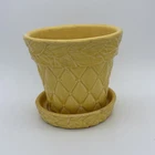 Vintage McCoy Yellow Quilted Leaves Pattern Planter with Attached Saucer 4.5" T