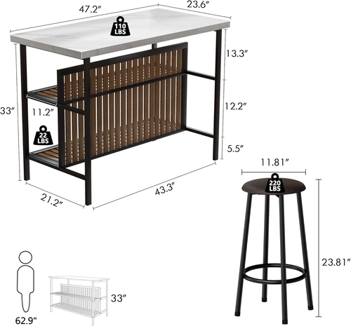 Kitchen Island with Seating, 33"Height Table with Storage Kitchen Table Set for - Picture 10 of 15