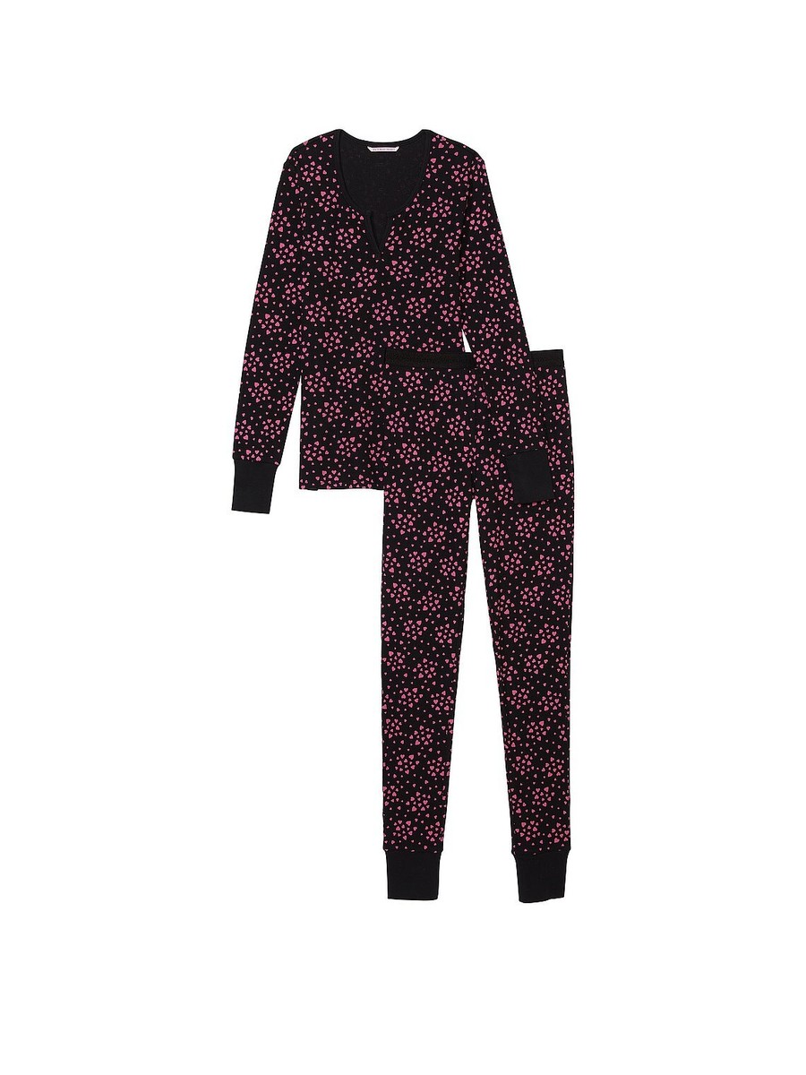 Victoria's Secret Thermal Long Pajamas Set 2X/XXL Black