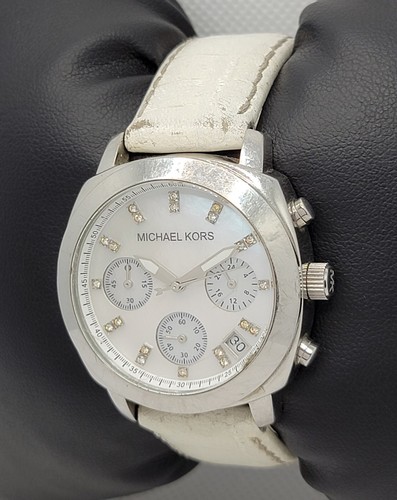 Ladies Michael Kors Chronograph White Leather Band Analog Watch MK-5094 H9 - Picture 2 of 10
