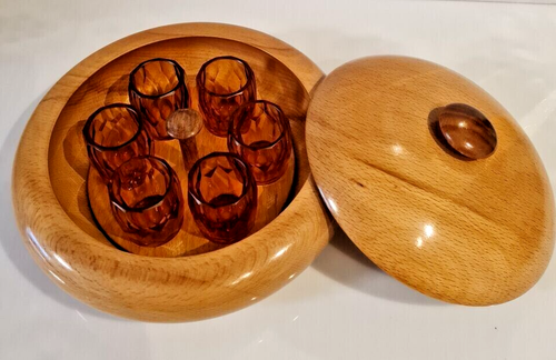 RARE ANTIQUE BOHEMIAN MOSER ART DECO AMBER GOLD VODKA SHOT SET IN WOODEN HOLDER - Picture 2 of 7