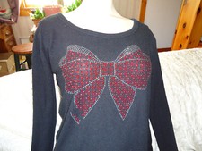 SJS womens M blouse black long sleeve USA made rayon blend solid gem bow