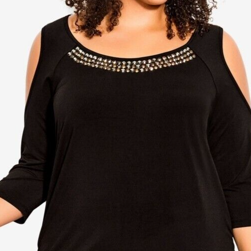 Avenue Women's Plus Size 22/24 Cold Shoulder Bling Tunic Top in Black NWT - Picture 4 of 8