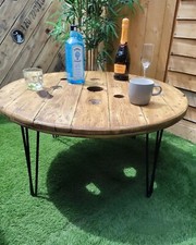 Great **Rustic Garden Coffee Table Reclaimed Cable Reel on Hairpin Legs 80cm