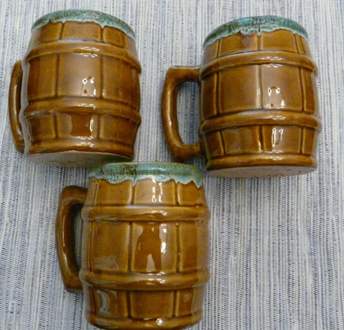 3 Vintage Van Briggle Pottery High Glaze Brown Barrel Mugs