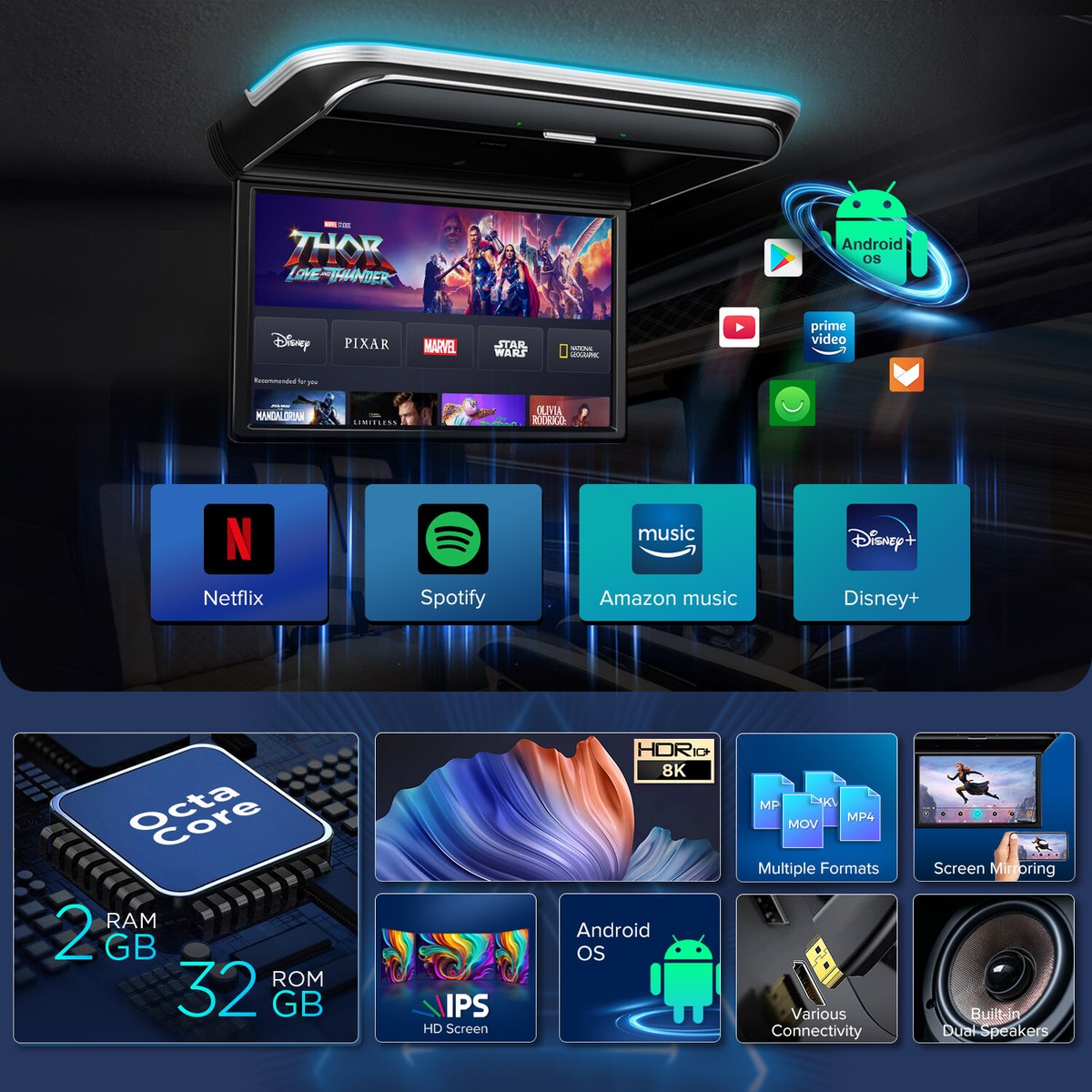 Monitor Auto Ribaltabile 17.3" Android 8.1 | Schermo IPS 1080P WiFi Bluetooth Per Auto - Foto 9