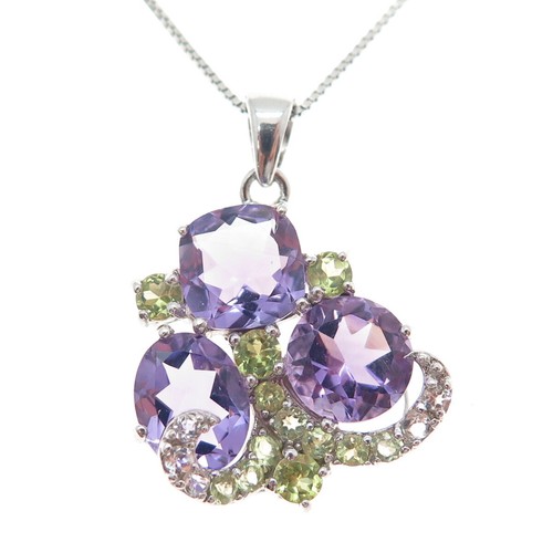 925 Sterling Silver Real White Topaz Amethyst & Peridot Box Chain Necklace 18" - Picture 4 of 8