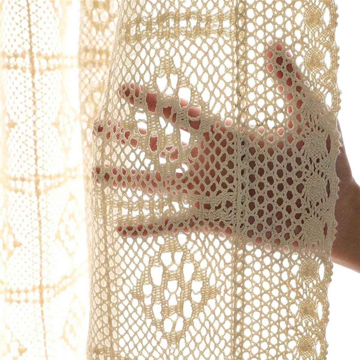 Vintage Crochet Lace Curtain Window Drapes Living Room Boho Farmhouse