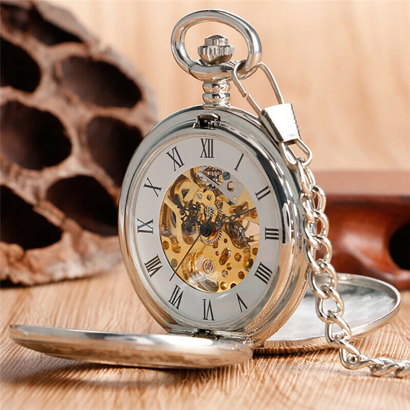 Silver Bronze Golden Double Hunter Hand Winding Mechanical Pocket Watch Chain