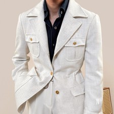 Men Summer Linen Blend Casual Leisure Jacket Four Pockets Wide Lapel Party Coat