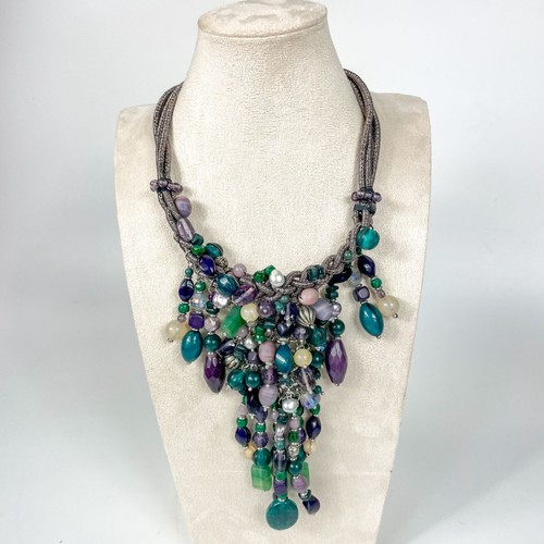 Chicos Declan Bib Necklace Green Purple Beads Silver Tone Cords Adjustable Chain