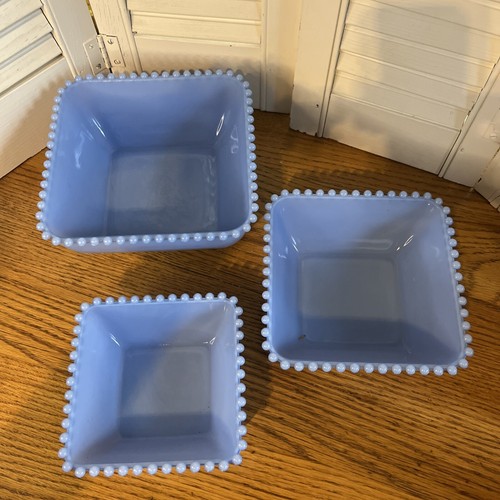 3 pc Set Mosser Candlewick Delphite Blue Nesting Square Bowls - Picture 2 of 6