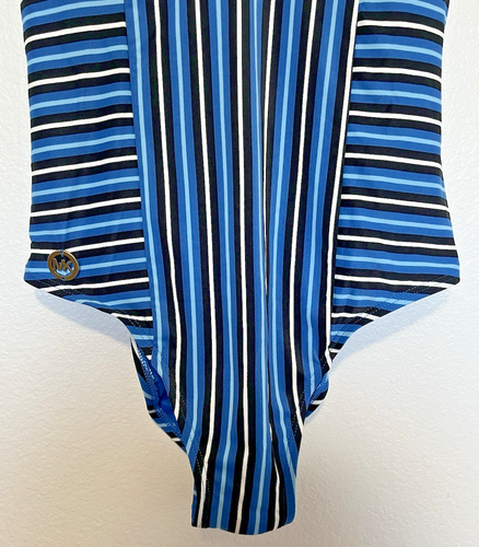 Michael Kors Womans SZ 12 One Piece Blue Black White Striped Swimsuit No Pads - Picture 4 of 17