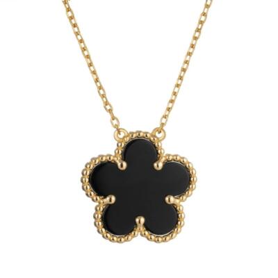 18K vergoldet Sterlingsilber schwarzer Onyx Kleeblatt Glücksblume 5 Blätter Halskette