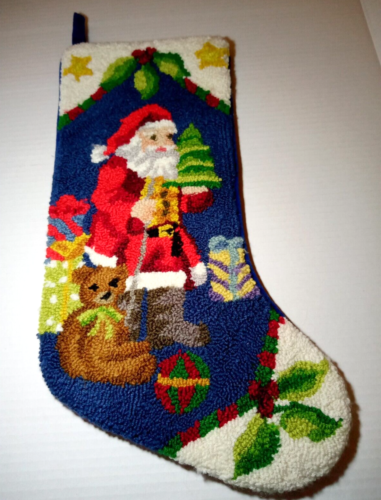 Christmas Loop Yarn Santa Tree Presents 19" Stocking Blue Velvet Backing
