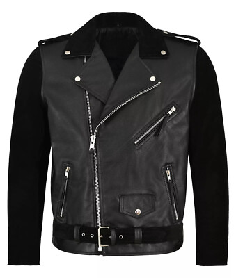 Men Black Suede Biker Leather Jacket Real Lambskin Brando Custom Made Jacket