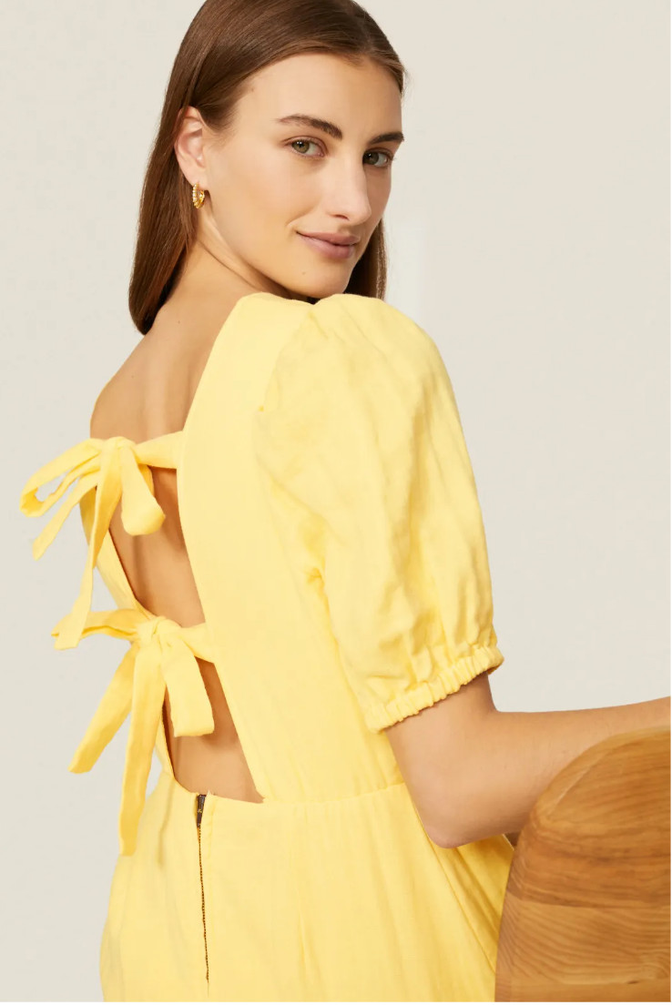 LOVE WHIT Yellow 100% Cotton Crewneck Short Sleeve Tie Back Dress Size Medium 