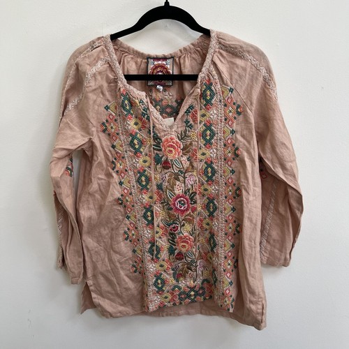 JOHNNY WAS PEACH PINK CHANDRA LINEN EMBROIDERED PEASANT BLOUSE NWT SIZE XS