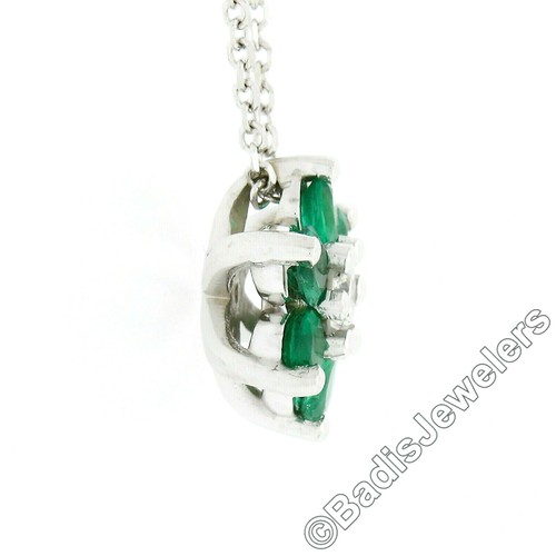 NEW 14k White Gold 0.83ct Diamond & Emerald Halo Flower Cluster Pendant Necklace - Picture 4 of 6