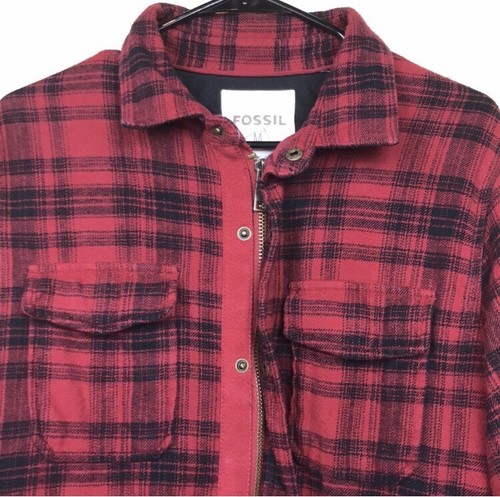 Fossil Men’s Plaid Flannel Multi-Pocket Red Black Shirt Jacket Shacket Sz M - Picture 3 of 10