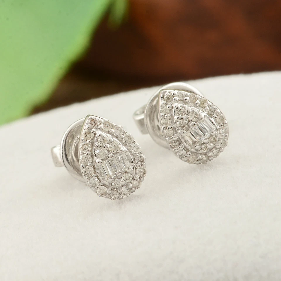 0.21 Ct Pear Halo Diamond Stud Earrings 10K Solid White Gold Engagement Gift - Image 4 of 4