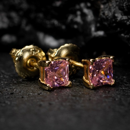 Women's Gold Plated Pink Cubic Zirconia CZ Princess Cut Screw back Earrings - Picture 3 of 5