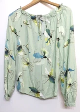 A. New Day Shirt Womens Medium Green Multicolor Floral Art Long Sleeve Festival