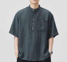 Hot Mens Japanese Retro Cotton Linen Short-Sleeved Shirt Linen Loose Top Party