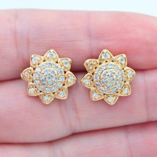 1.50Ct Round Cut Real Moissanite Flower Stud Earrings 14K Yellow Gold Plated