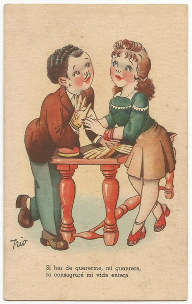 POSTAL DIBUJO CARICATURA HUMOR.PAREJA CON GUANTES. AÑOS 50. ESCRITA. Post card