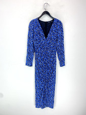 Zara Sheath Ruched Dress Blue Floral V-neck Long Sleeve Size S