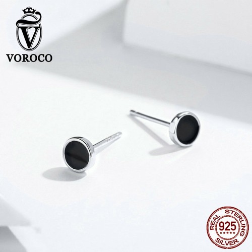 Voroco Earrings S925 Sterling Silver Black Slice Charm CZ European Women Jewelry - Picture 2 of 11