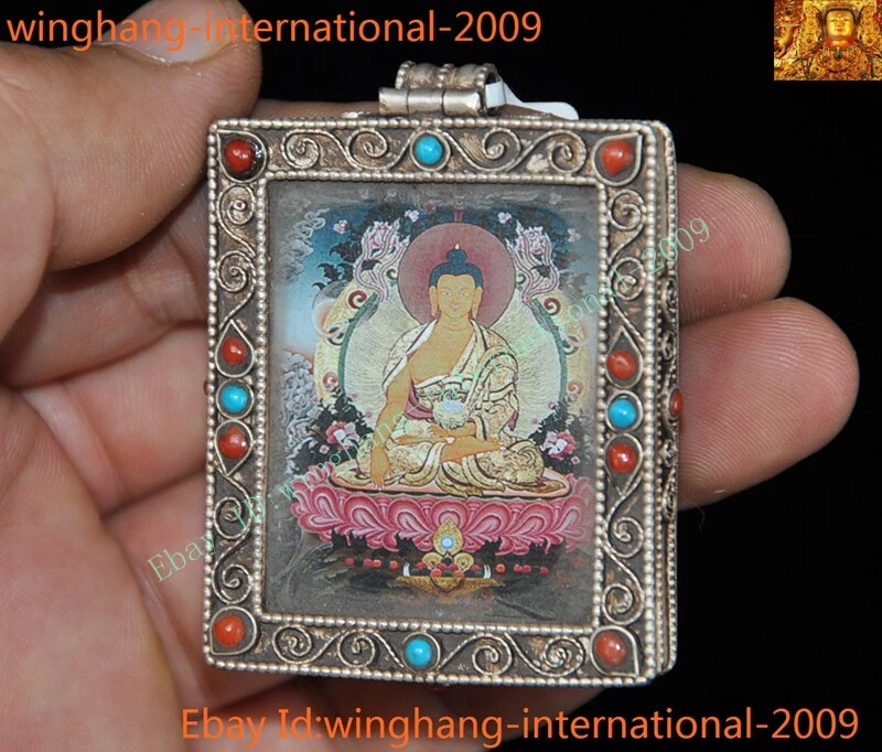 Старый Тибет серебро инкрустация бирюзовый драгоценный камень Шакьямуни Татхагата экзорцизм амулет подвеска - Изображение 3 из 4