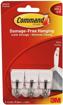Command General Purpose Wire Hooks, Small, 0.5 lb Cap, White, 3 Hooks 6 Strips