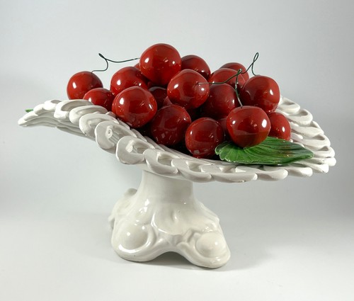 Italy Ceramic Fruit Basket Cherries White Pedestal Italian Glossy 10"x7"x4.5" - Picture 5 of 12